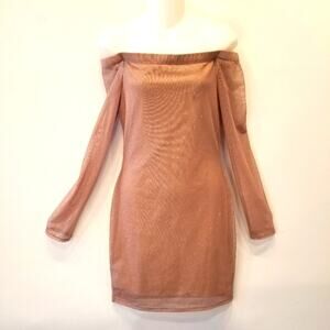 Lovely Day Bodycon Off -Shoulder Dress Gold Shimmer Long Sleeve Sexy Dress L
